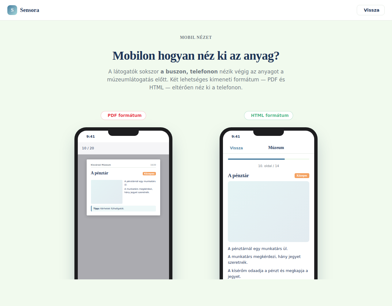 Összehasonlítás telefonon: bal oldalon a PDF formátum (kicsi, nagyítani kell), jobb oldalon a HTML formátum (a kijelzőhöz igazodó, jól olvasható).